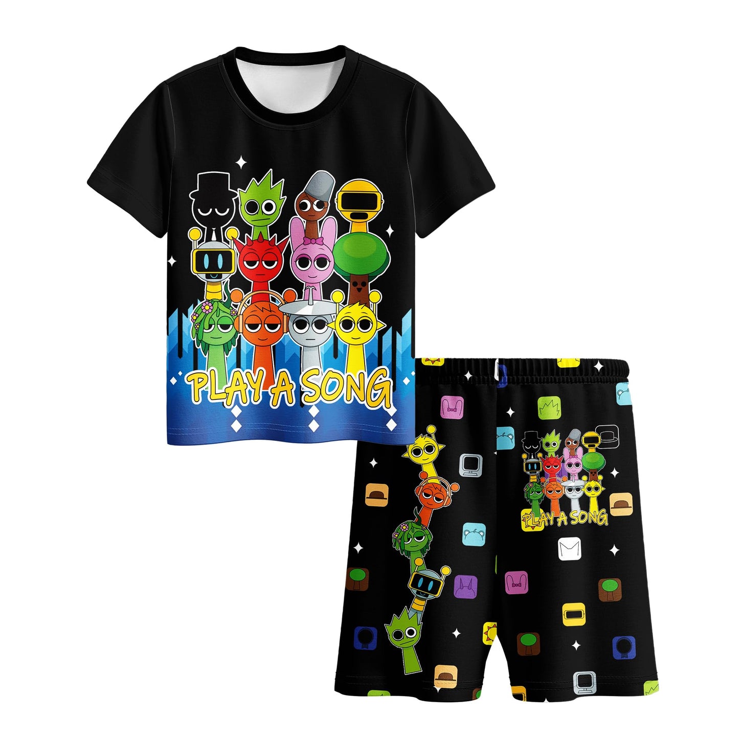Boys Girls Sprunki Tshirts and Pants 2Pcs Sets Kids Music Game Tee Pants Sets for 5-12Y Adventure Casual Child Clothes