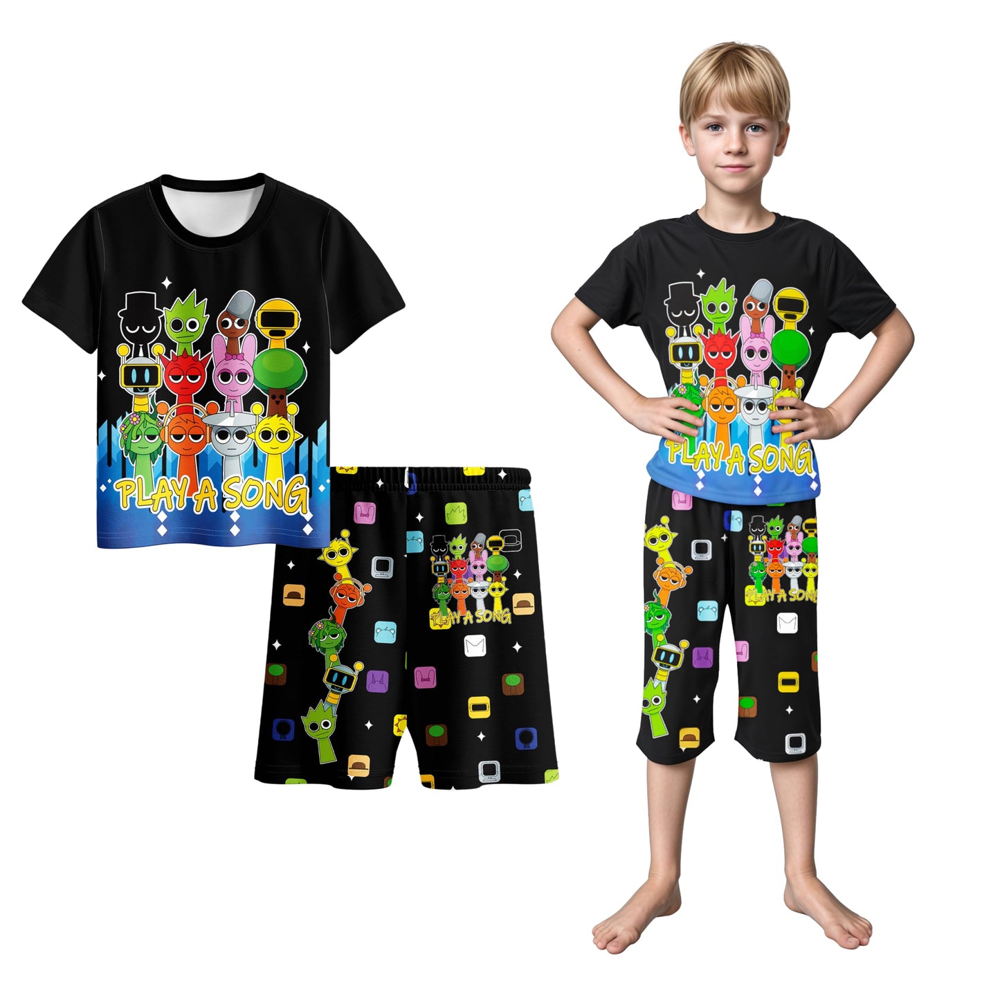 Boys Girls Sprunki Tshirts and Pants 2Pcs Sets Kids Music Game Tee Pants Sets for 5-12Y Adventure Casual Child Clothes