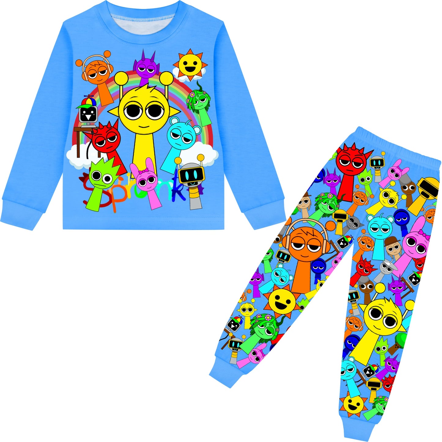 Boys Girls Sprunki Pants Set Kids Music Adventure T-Shirt 2 PCS Long Sleeve Cartoon Monster Game Clothes Outfit