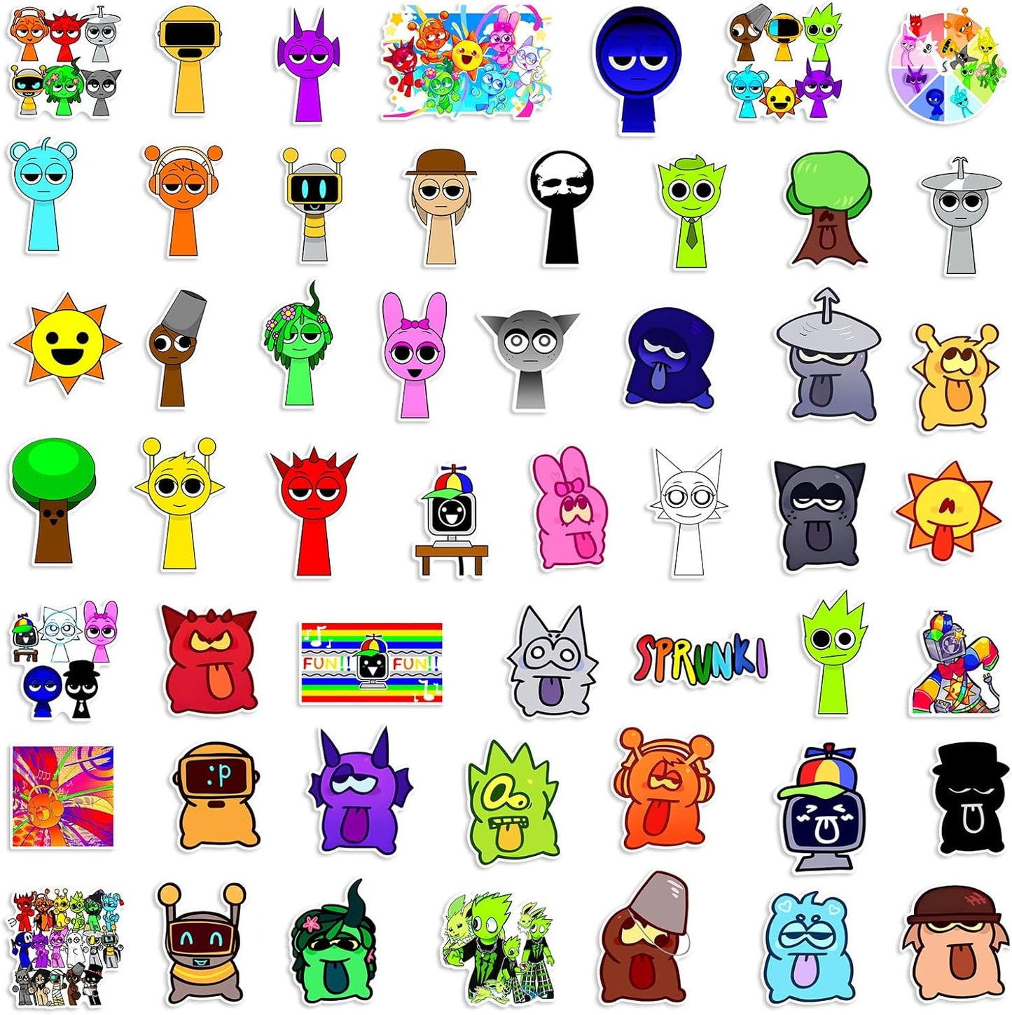 50 Pcs Sprunki Stickers for Kids, Waterproof Removable Stickers for Boys and Girls in Water Bottles laptops Phones Guitar Suitcase, Children's Cartoon Game Stickers for Fans Favors