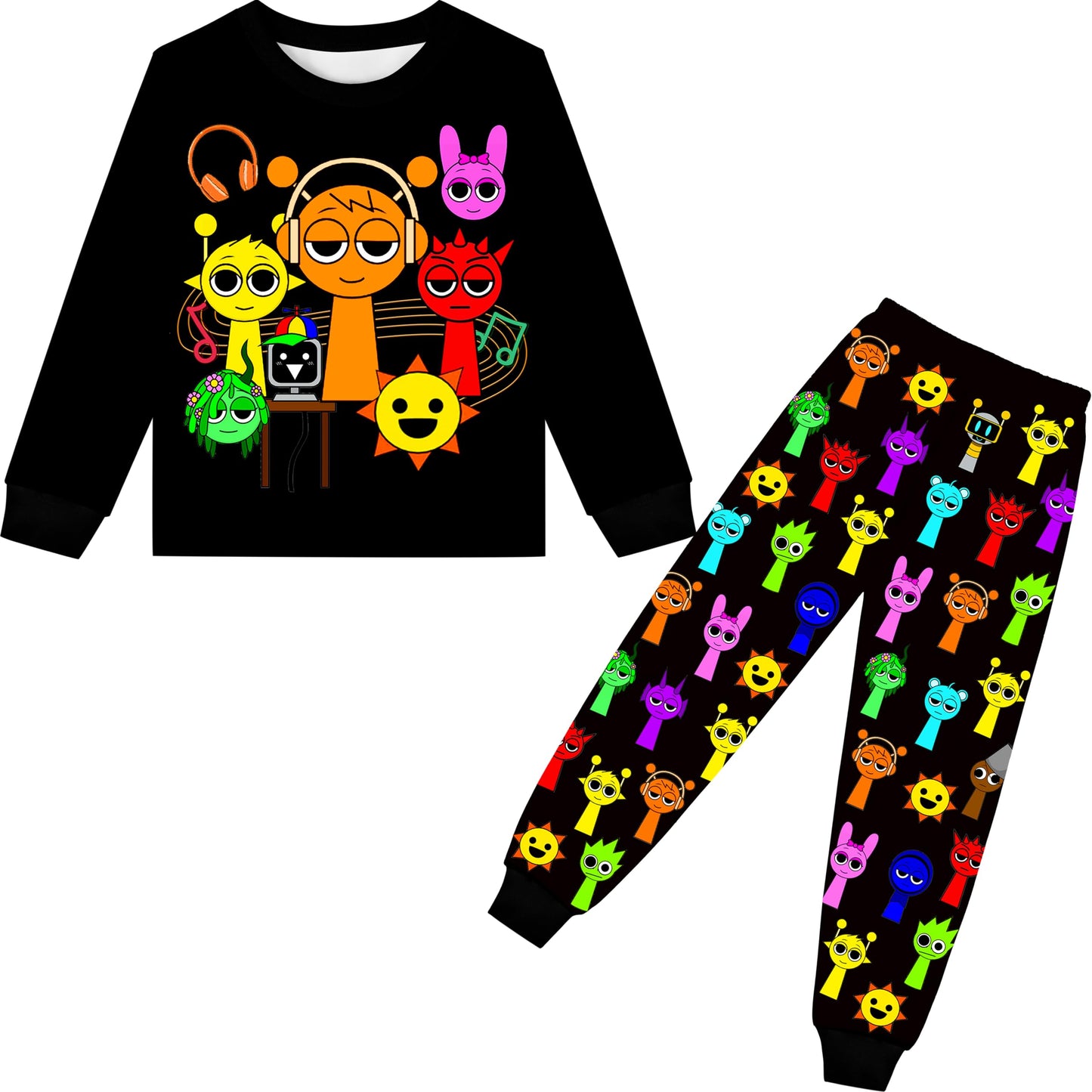 Boys Girls Sprunki Pants Set Kids Music Adventure T-Shirt 2 PCS Long Sleeve Cartoon Monster Game Clothes Outfit