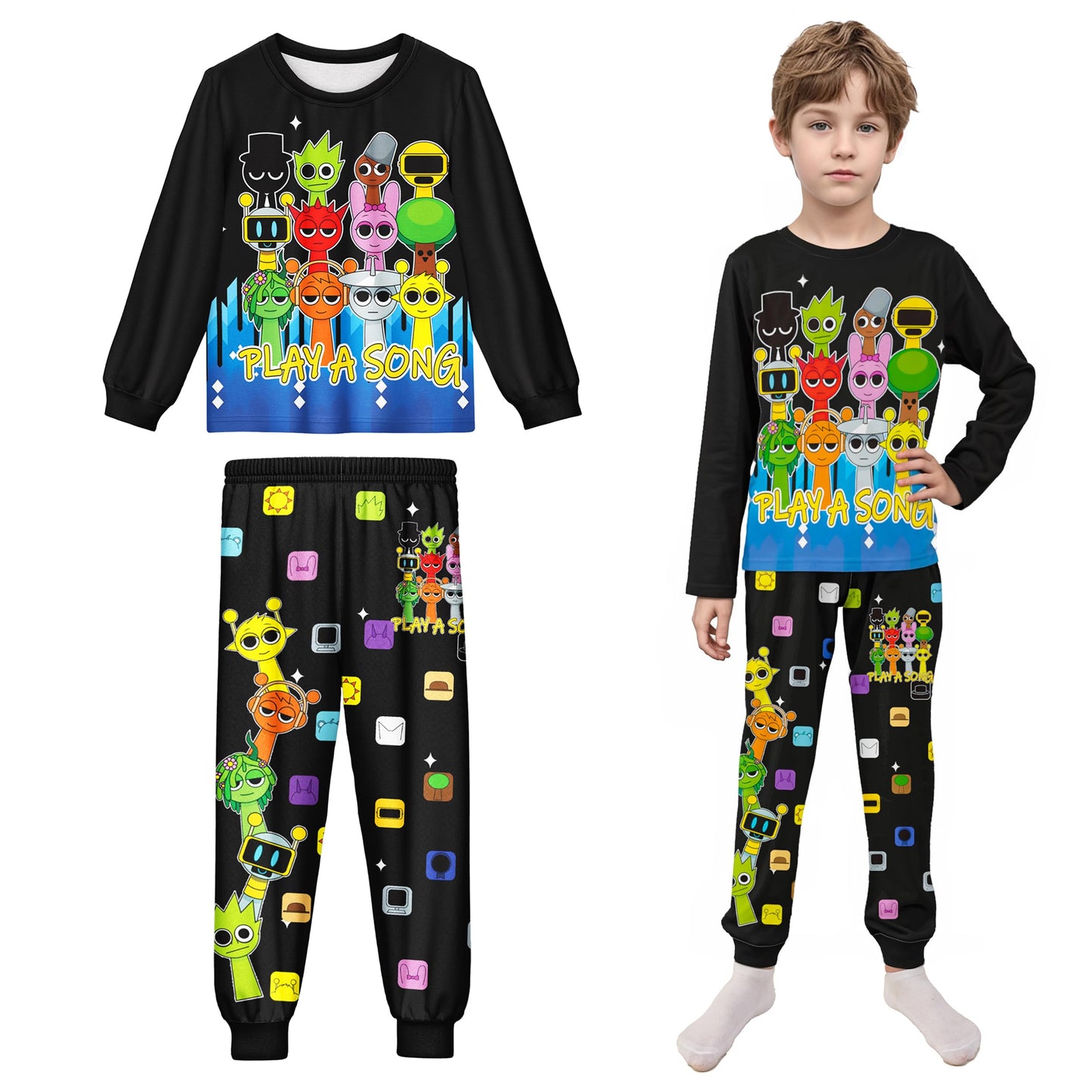 Boys Girls Sprunki Tshirts and Pants 2Pcs Sets Kids Music Game Tee Pants Sets for 5-12Y Adventure Casual Child Clothes