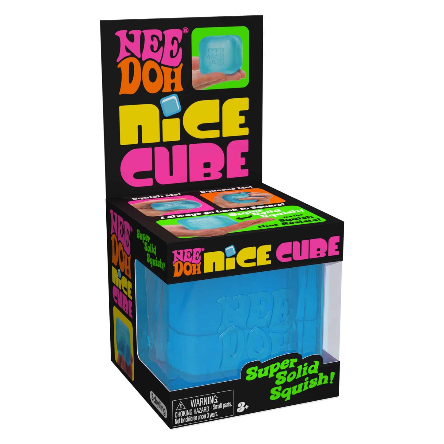 Official Schylling NeeDoh Nice Cube retail display box packaging — Super Solid Squish squishy toy
