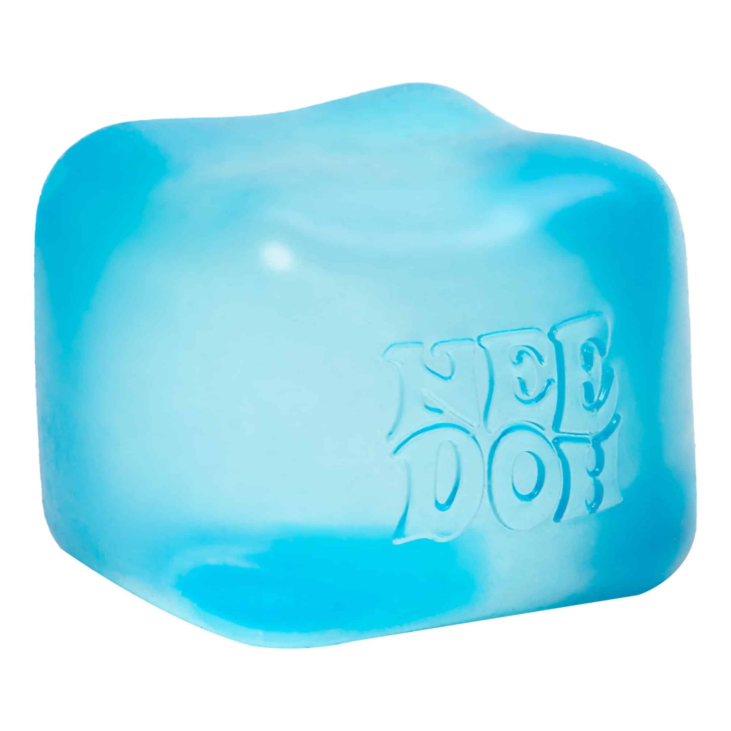 NeeDoh Nice Cube in translucent blue — front view of the Schylling squishy sensory fidget toy