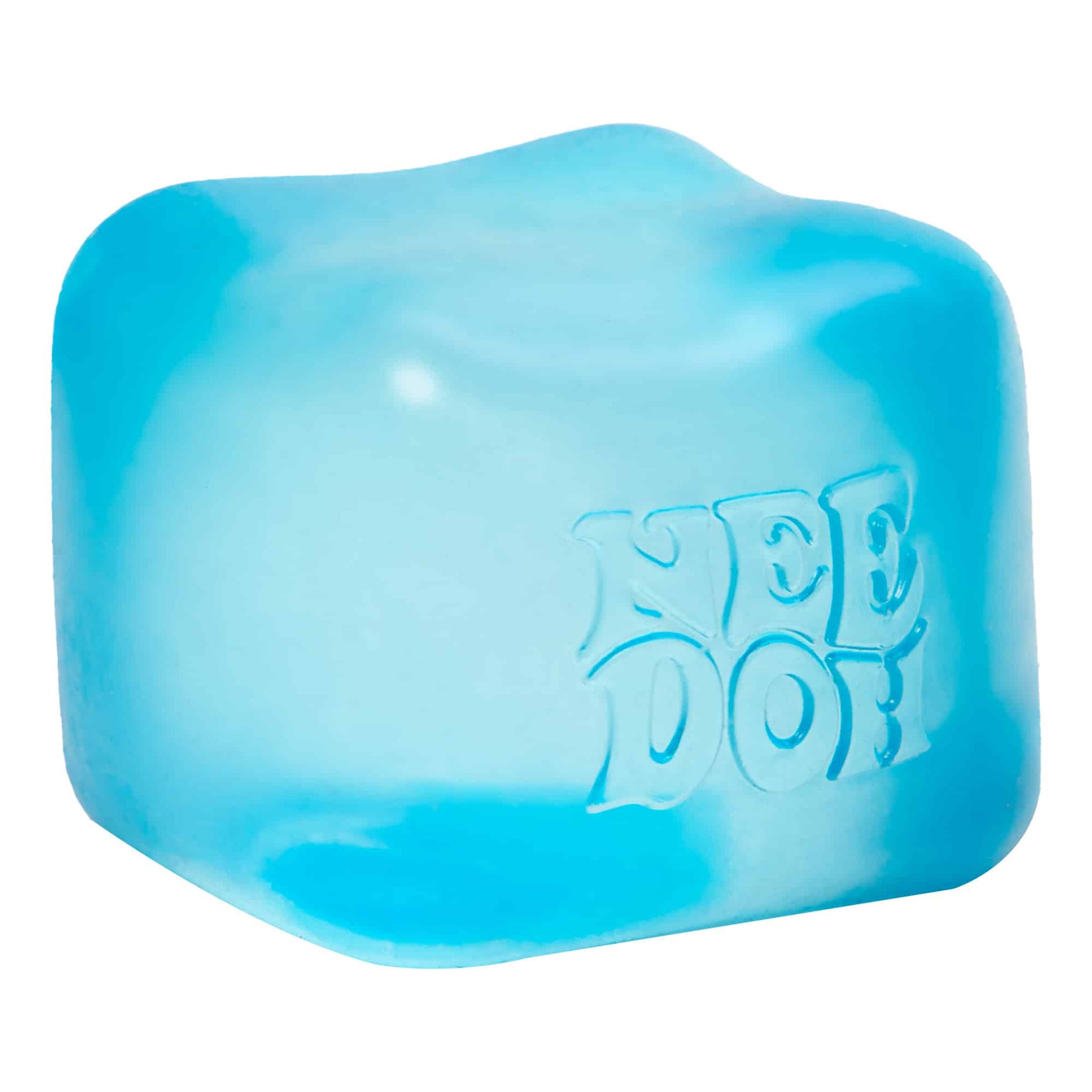NeeDoh Nice Cube in translucent blue — front view of the Schylling squishy sensory fidget toy