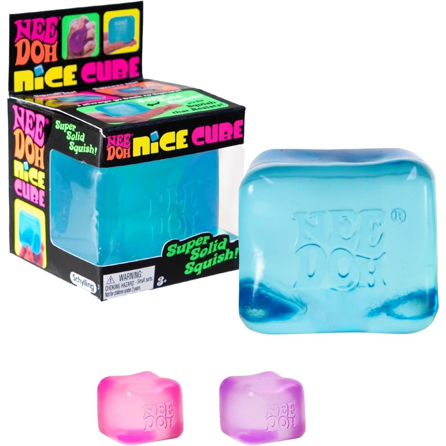 Schylling NeeDoh Nice Cube squishy sensory stress toy — all three translucent colors (blue, pink and purple) shown with official display box